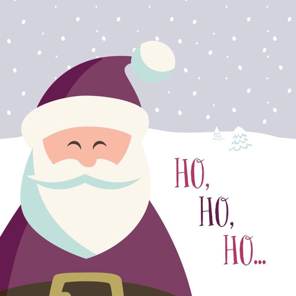 Illustration of Santa Claus smiling with "Ho, Ho, Ho..." text in a snowy background. - Home Instead