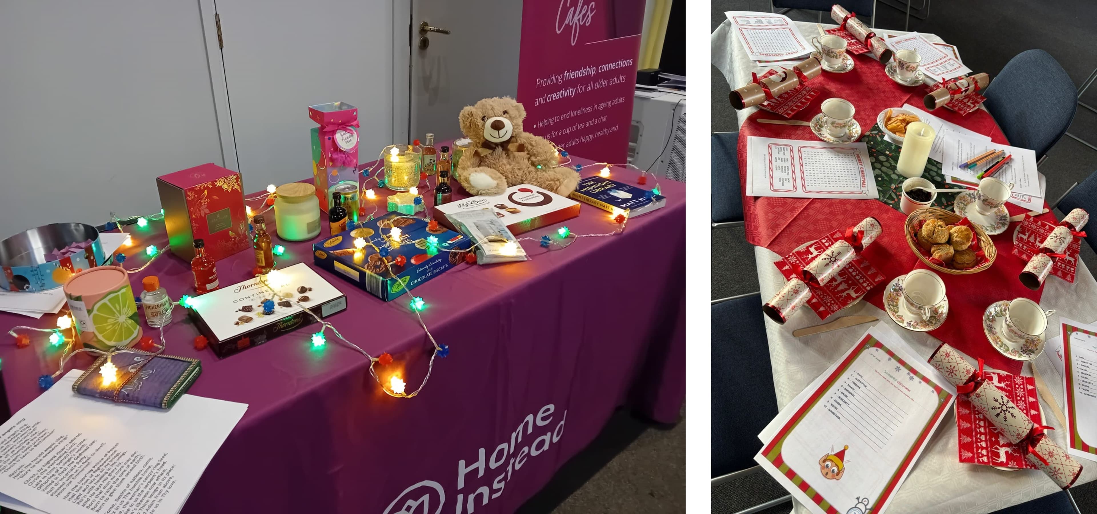 Table with Christmas lights, gifts, and a teddy bear; another set for tea with crackers and snacks. - Home Instead