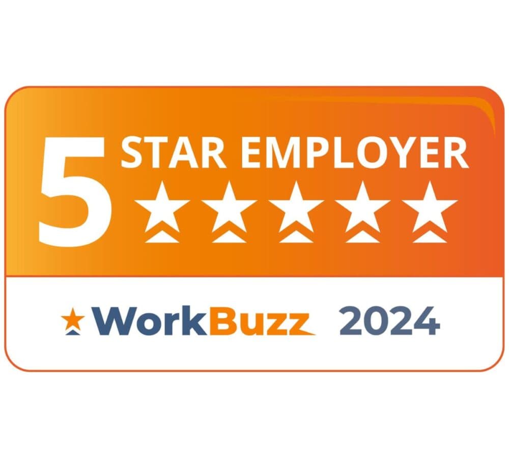 Five star employer award logo for 2025 in orange and white colour