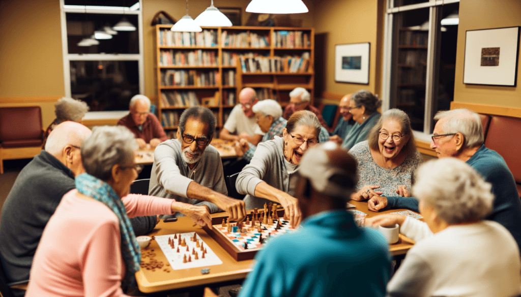 A group of seniors happily playing board games together in a cozy library room. - Home Instead
