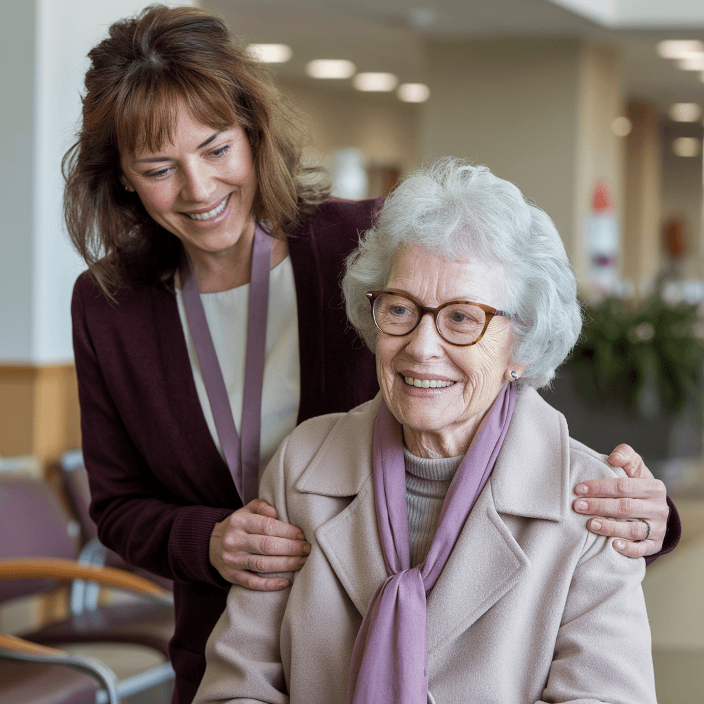A younger woman stands smiling behind an older woman seated, both looking happy in a bright indoor setting. - Home Instead