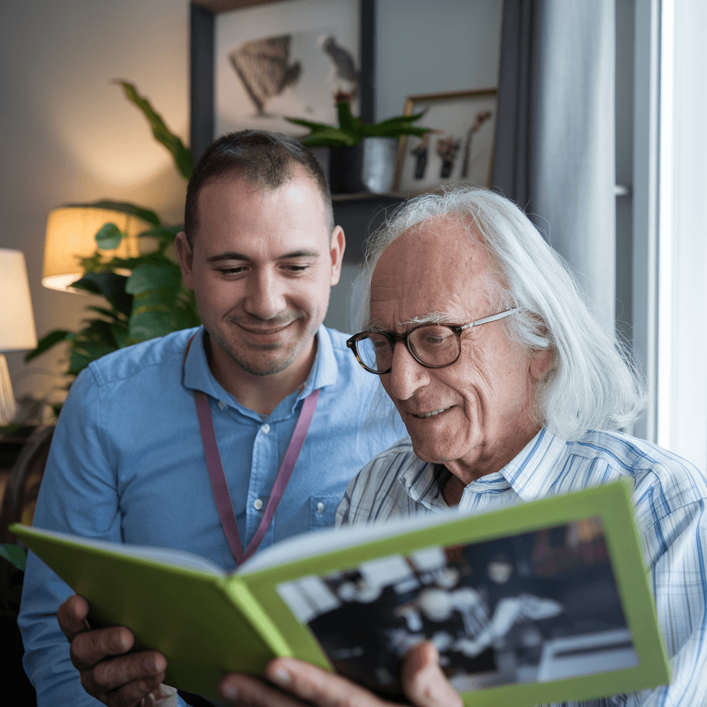 A younger man and an elderly man smiling while looking at a photo album together indoors. - Home Instead