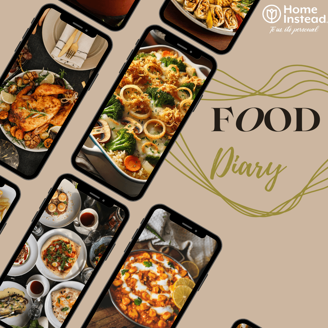 Smartphones displaying various delicious meals surround the words "Food Diary" on a beige background. - Home Instead