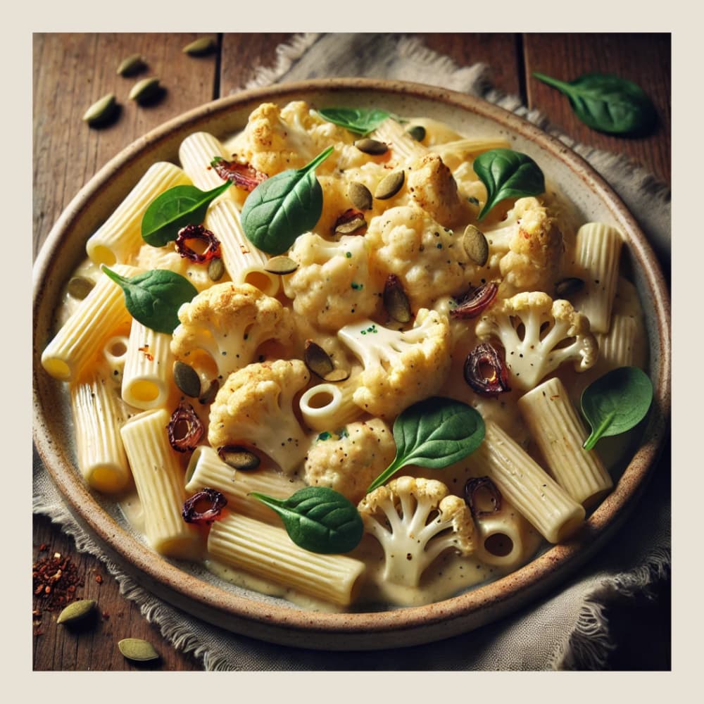 Pasta with cauliflower, spinach leaves, and pumpkin seeds on a ceramic plate, set on a rustic wooden table. - Home Instead