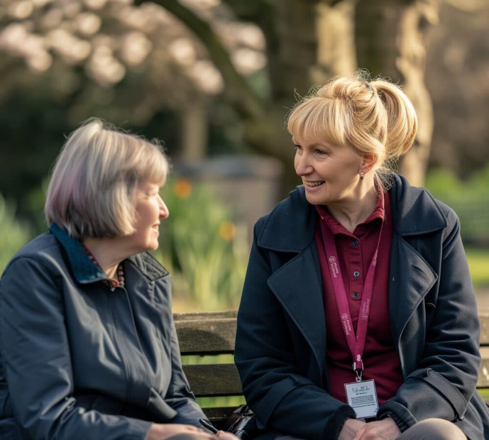 Young female carer chatting with an older woman outdoors while sitting on a bench, both happy and smiling