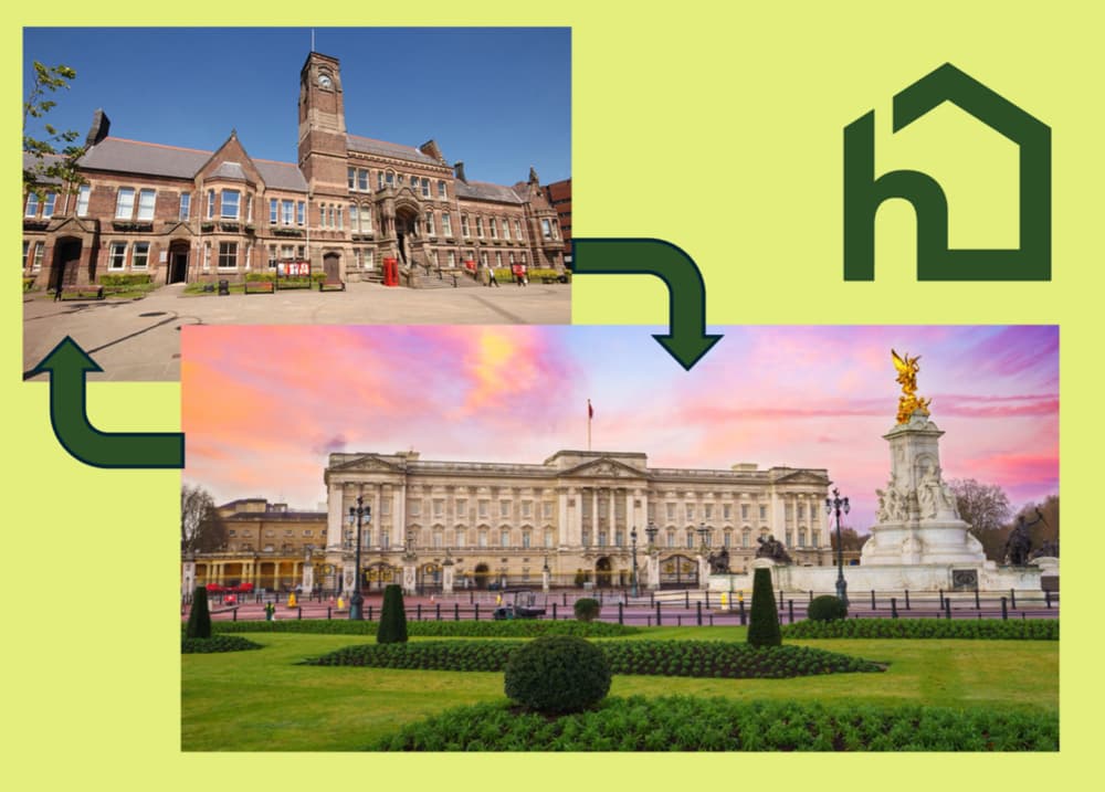 image shows St Helens town hall and Buckingham Palace with green arrows between them