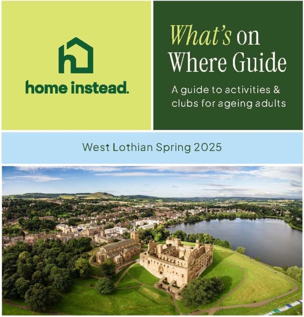 Aerial view of Linlithgow Palace and loch, with surrounding greenery and town under a blue sky. - Home Instead