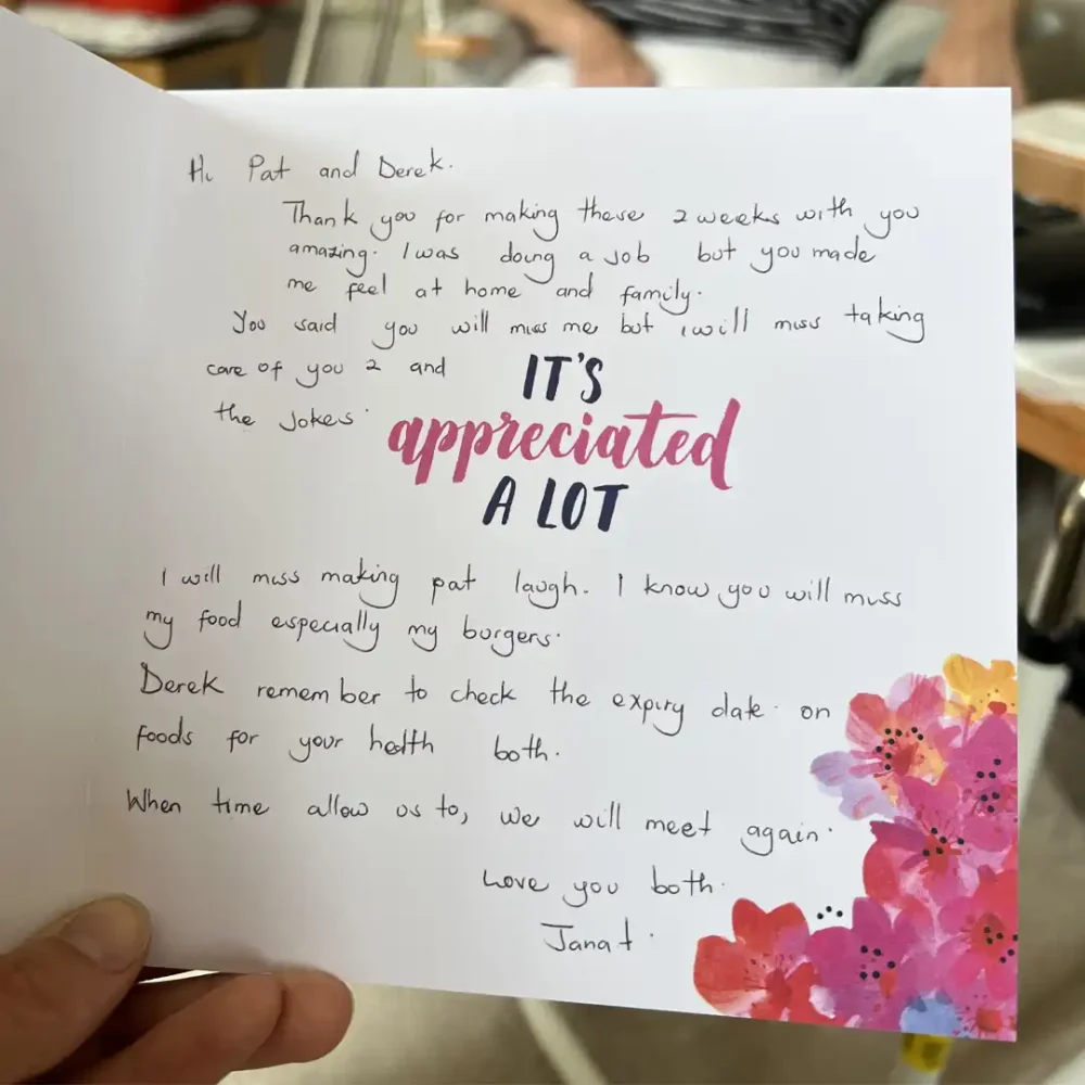 A thank you card to Home Instead Farnborough clients Pat and Derek from their Care Professional Janat