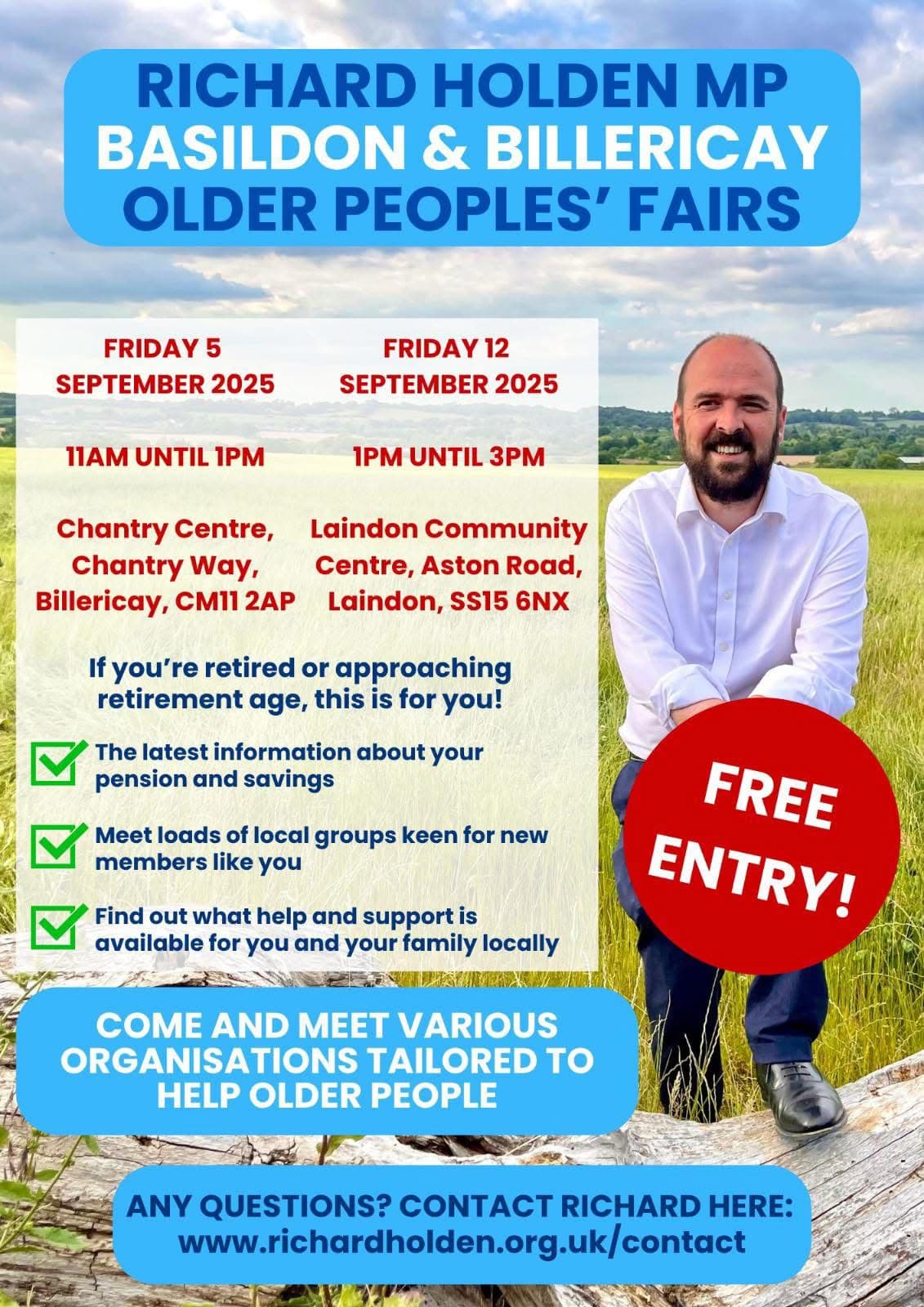 A poster for Richard Holden MP’s 2025 Older Peoples’ Fairs in Basildon and Billericay, featuring event details. - Home Instead