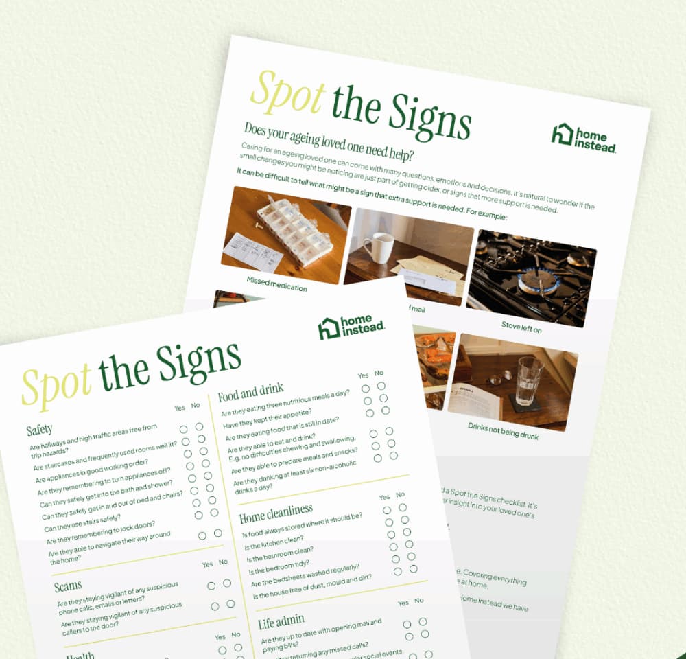 Two checklists titled "Spot the Signs" offer tips for helping ageing loved ones, with photos and home care advice. - Home Instead