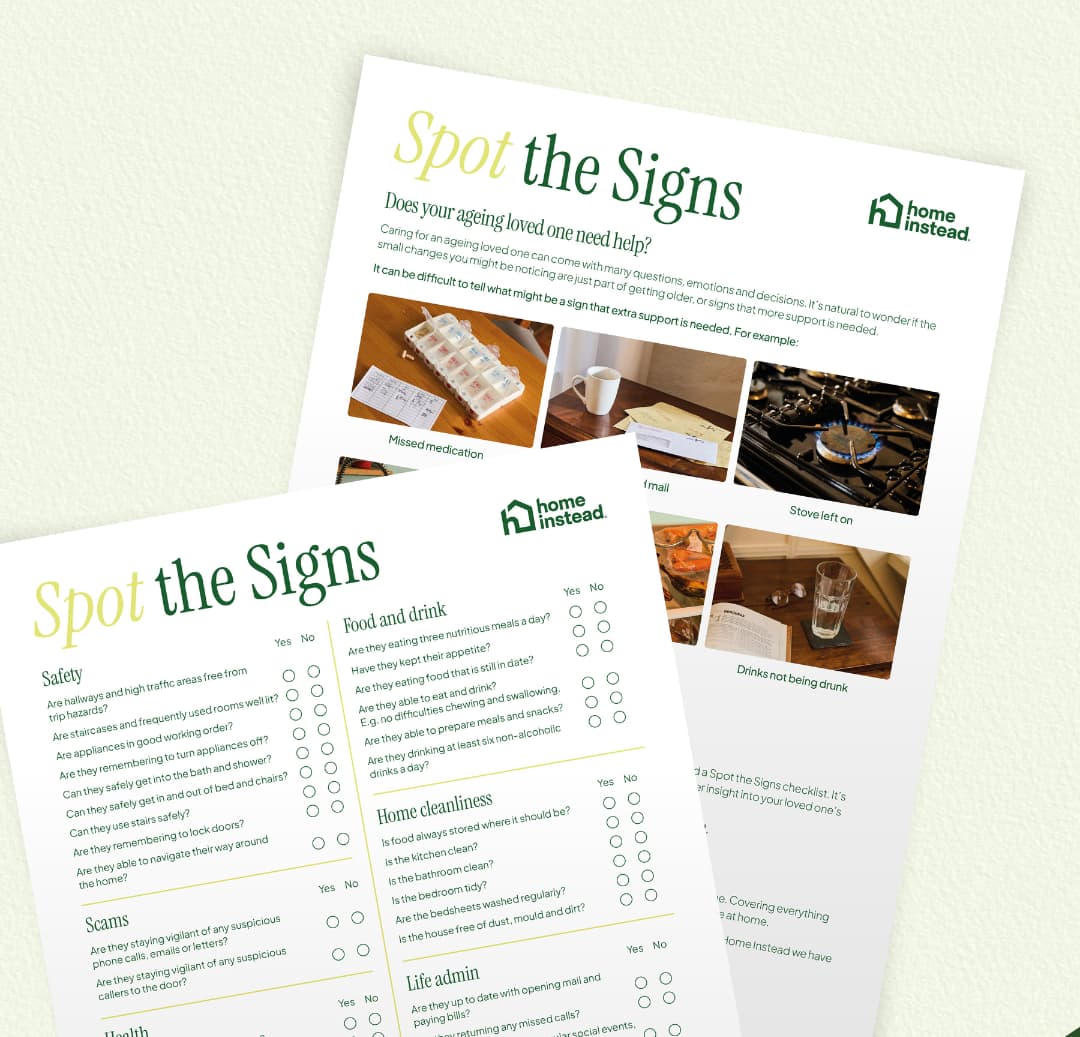 Two checklists titled "Spot the Signs" offer tips for helping ageing loved ones, with photos and home care advice. - Home Instead