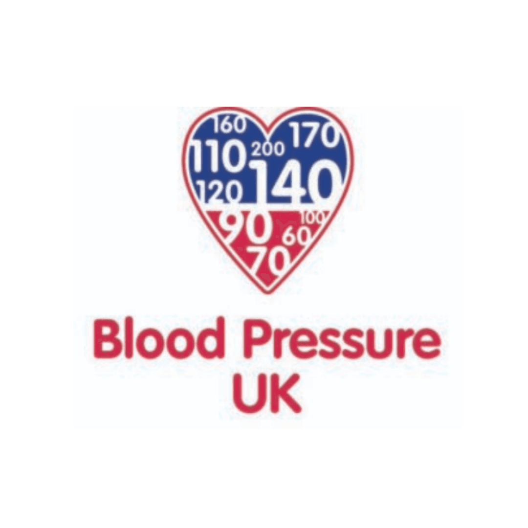A heart shape with blood pressure numbers above the words "Blood Pressure UK" in red text. - Home Instead