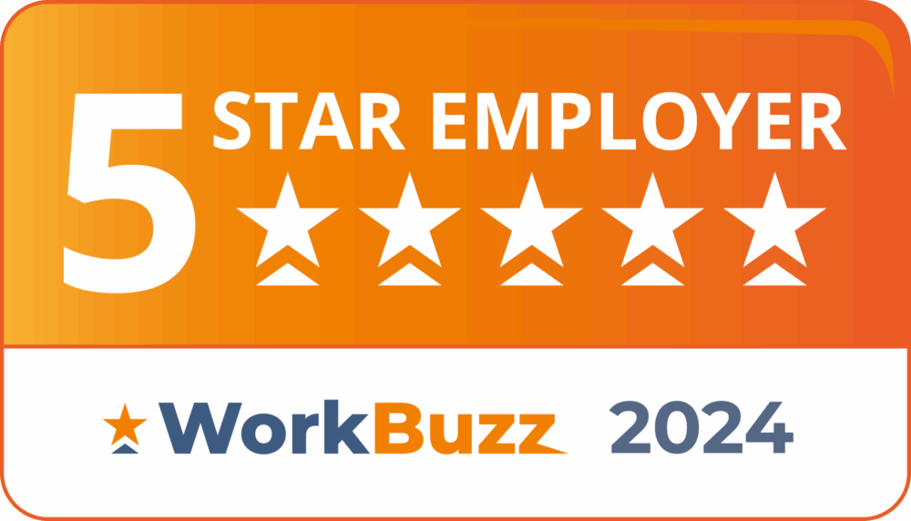 Orange badge reading "5 Star Employer" with five stars and "WorkBuzz 2024" at the bottom. - Home Instead
