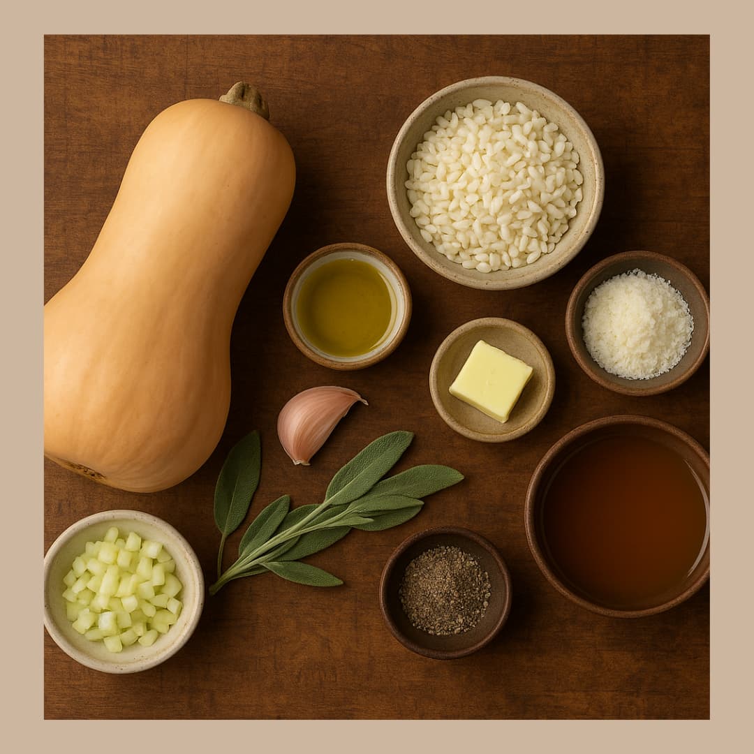 Butternut squash, arborio rice, broth, butter, cheese, oil, garlic, celery, sage, salt, and pepper on a table. - Home Instead