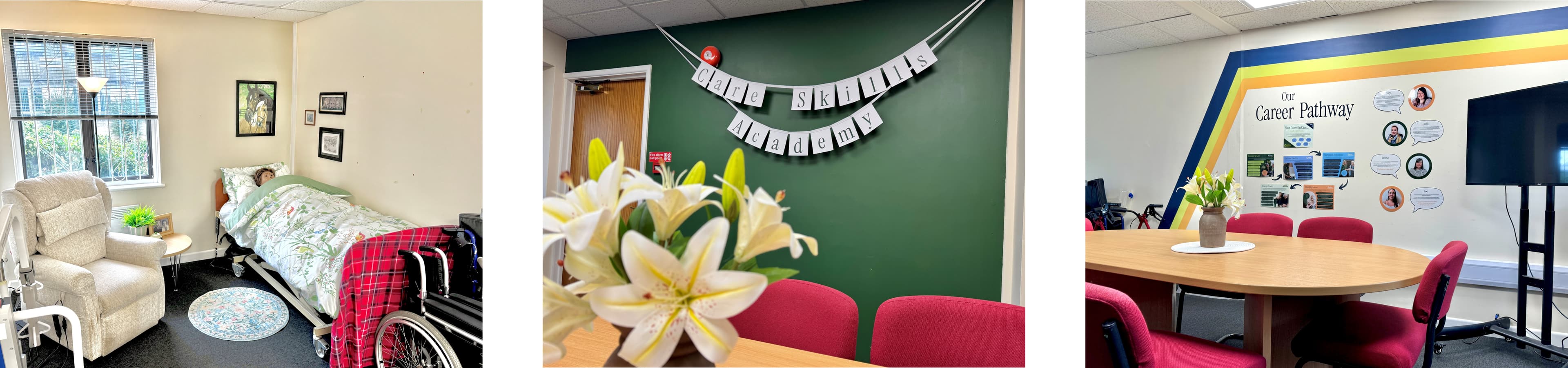 Three scenes: a cozy bedroom, a wall with “Saint Joseph’s Table” banner, and a meeting room with a career pathway display. - Home Instead