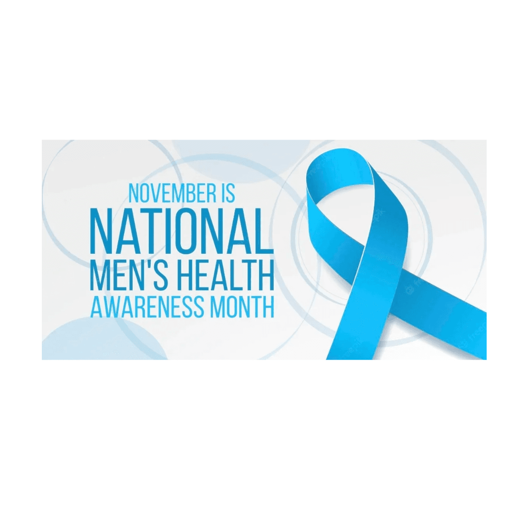 Light blue ribbon and text: "November is National Men's Health Awareness Month" on a white background. - Home Instead