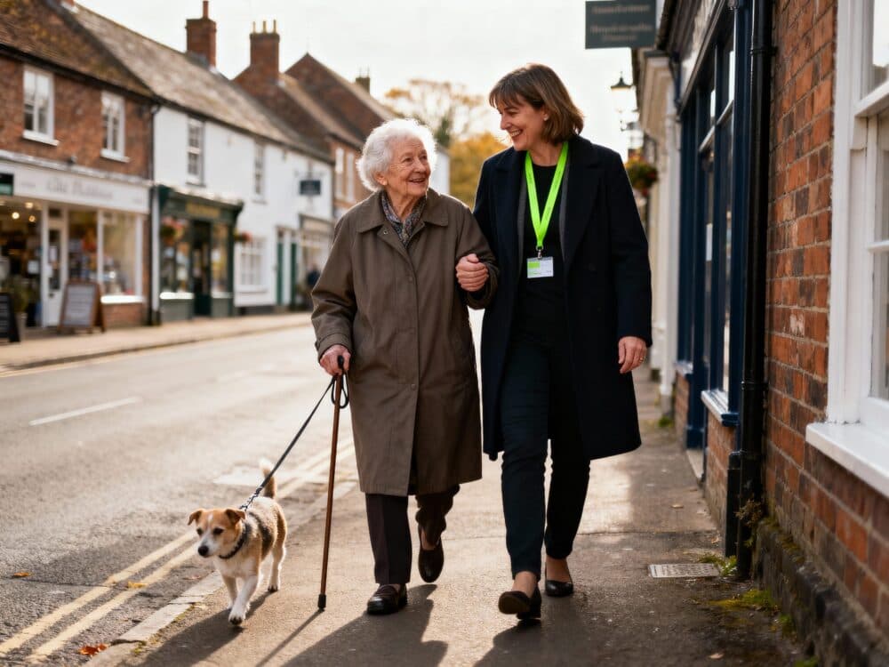 An elderly woman and a caregiver walk a dog together on a sunny sidewalk, smiling and talking. - Home Instead
