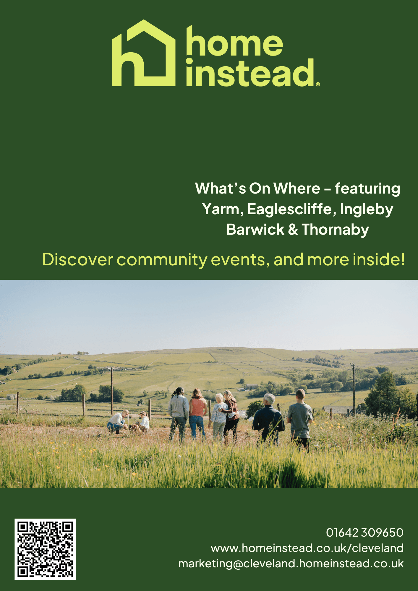 A group of people walk through a grassy field under a blue sky, with hills in the background. - Home Instead