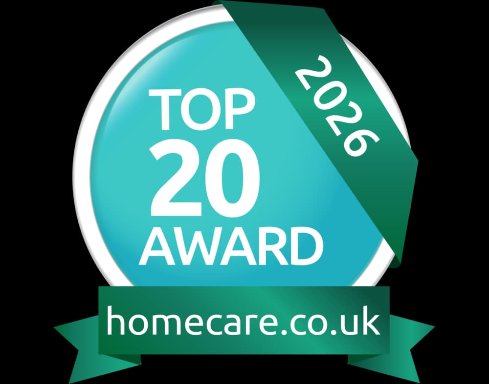 A badge reading "Top 20 Award 2026" with "homecare.co.uk" on a green ribbon. - Home Instead