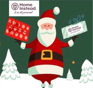Cartoon Santa holding gifts, one with the Home Instead logo, in a snowy, festive background. - Home Instead