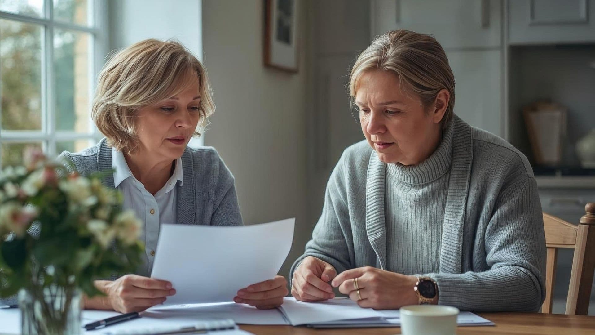 Two women sitting at a table reviewing documents together in a bright, homely setting. - Home Instead