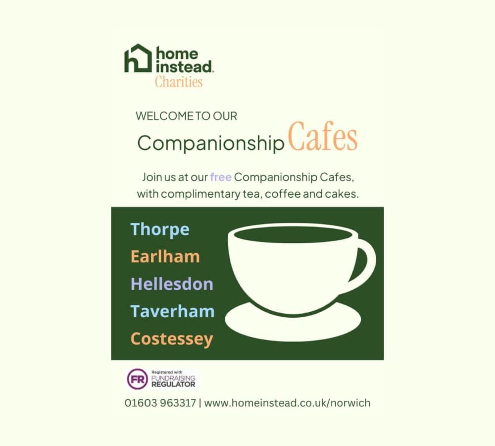 A flyer for companionship cafe in green colour with a photo of a white cup