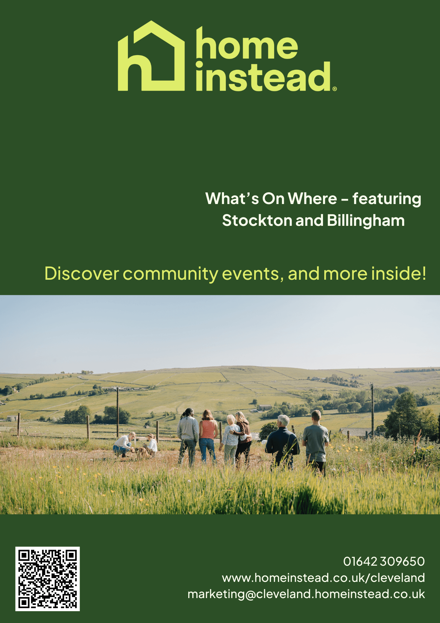 A group of people walk through a grassy field; text promotes community events in Stockton and Billingham. - Home Instead