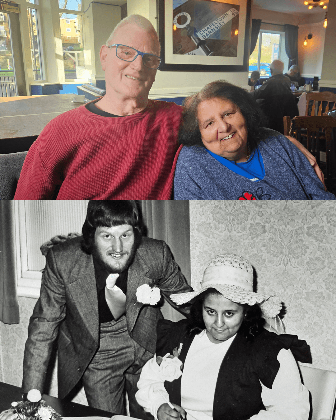 A smiling older couple now and on their wedding day; the first in colour, the second in black and white. - Home Instead