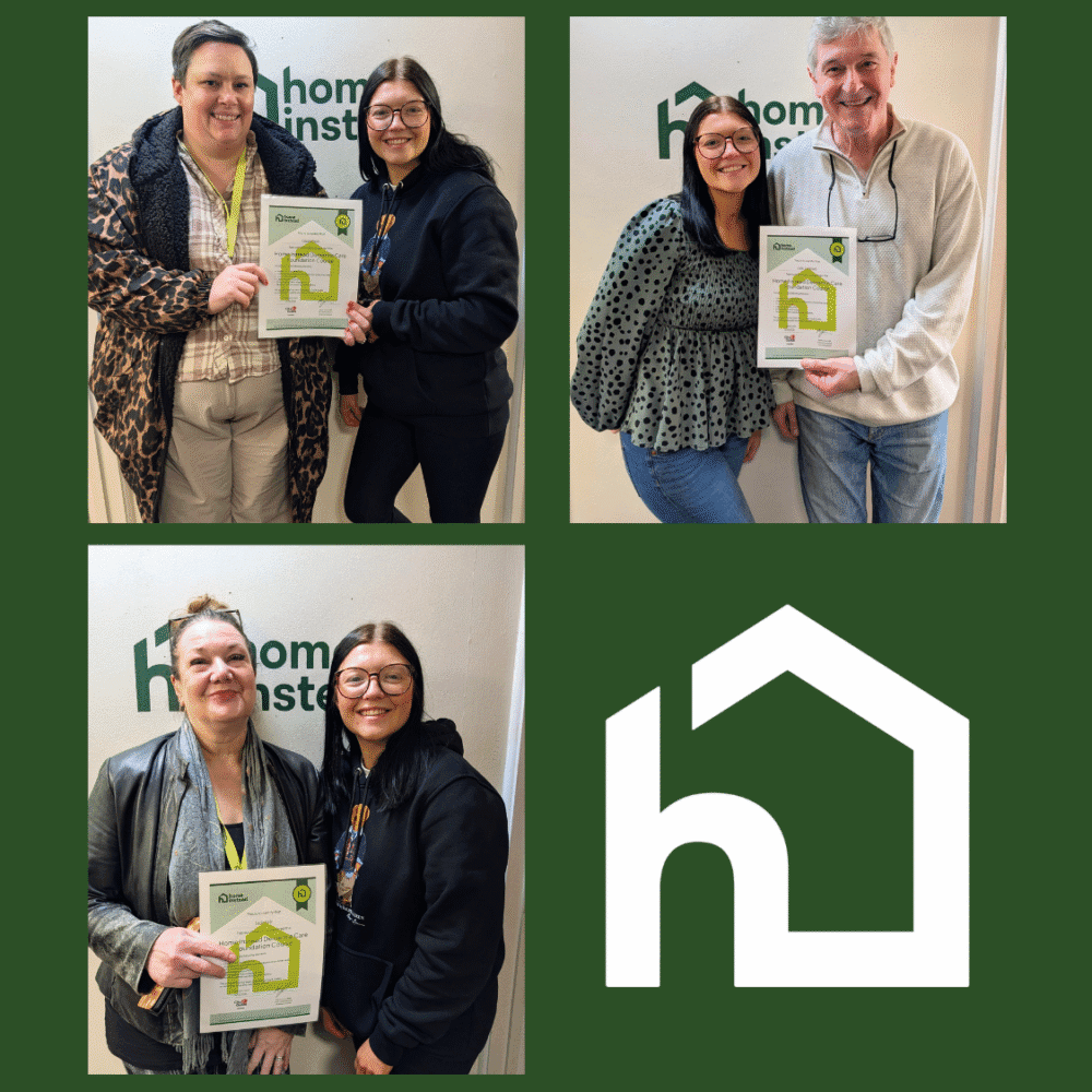 Three pairs of people smiling and holding certificates next to a white house logo on a green background. - Home Instead