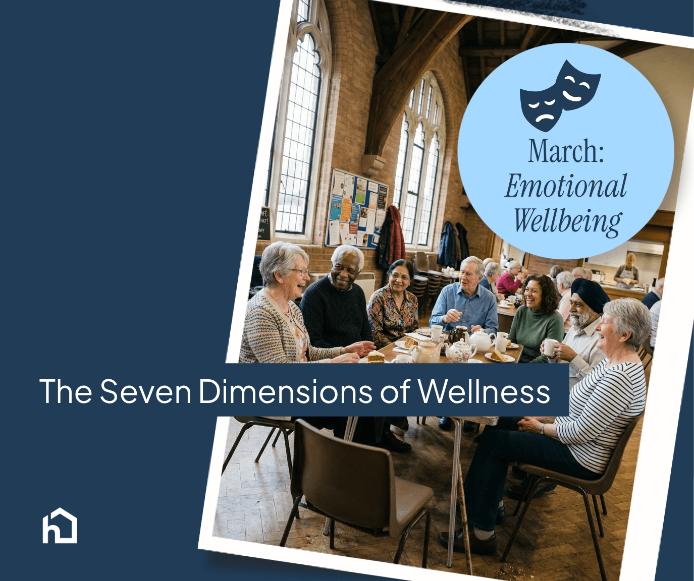 A group of people sitting at a table laughing, with text: "March: Emotional Wellbeing. The Seven Dimensions of Wellbeing. - Home Instead