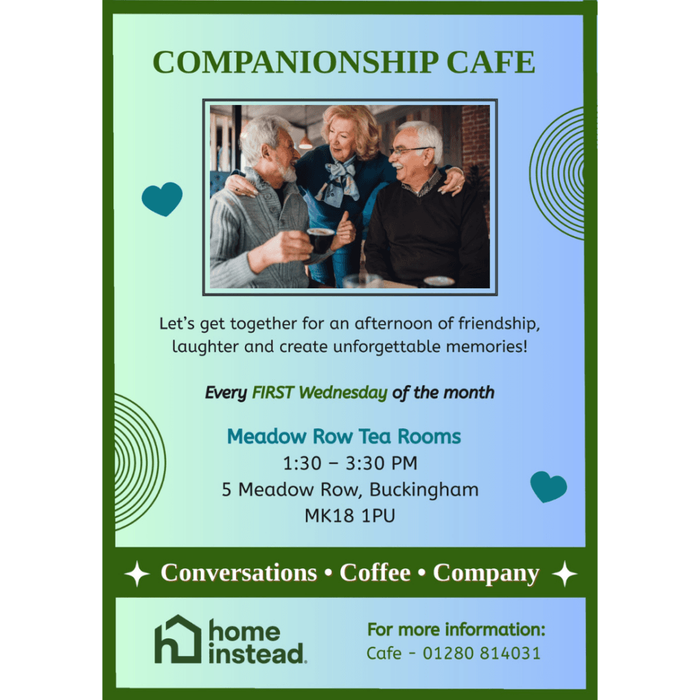Three older adults laughing together at a table, promoting a Companionship Café event for friendship and company. - Home Instead