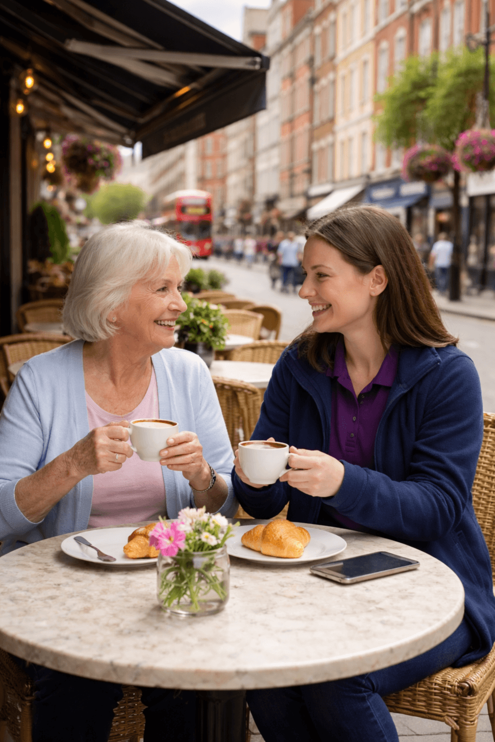 Two women smiling and enjoying coffee and croissants at an outdoor café on a city street. - Home Instead