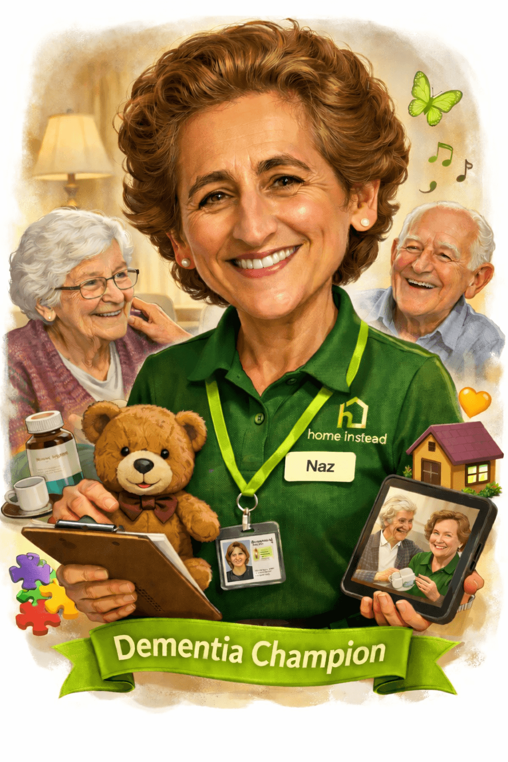 A smiling carer named Naz holds a clipboard, surrounded by happy pensioners, care items, and a “Dementia Champion” banner. - Home Instead