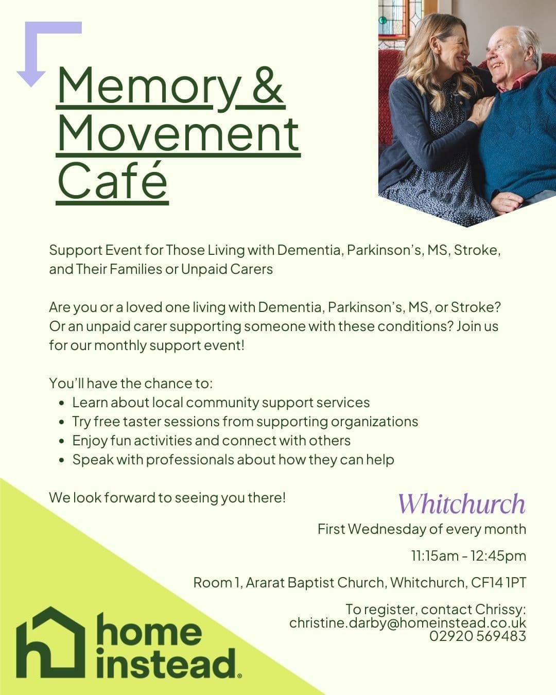 Flyer for "Memory & Movement Café" support event in Whitchurch, with details for those affected by dementia. - Home Instead