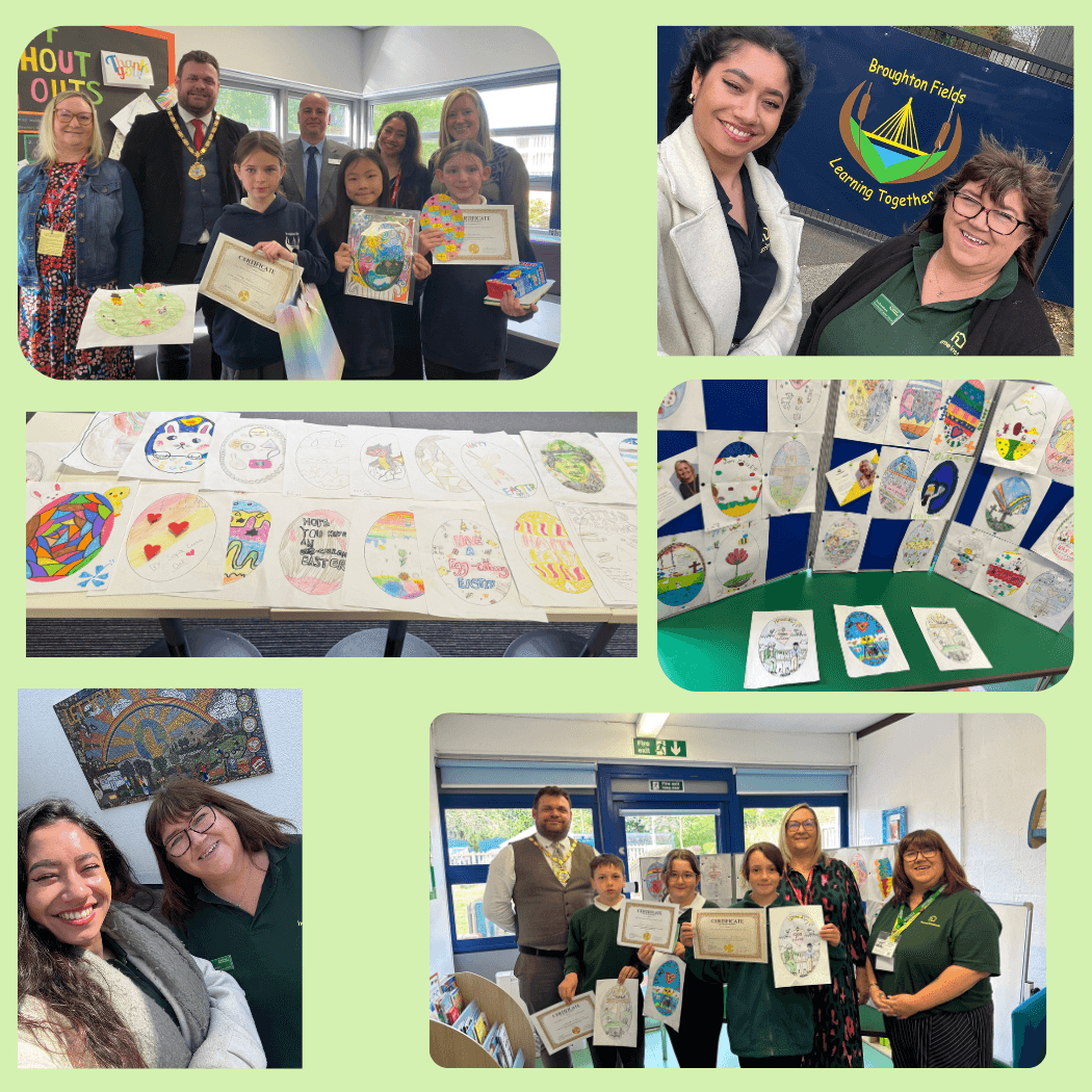 School staff and students display awards and colourful artwork at a celebration event. - Home Instead