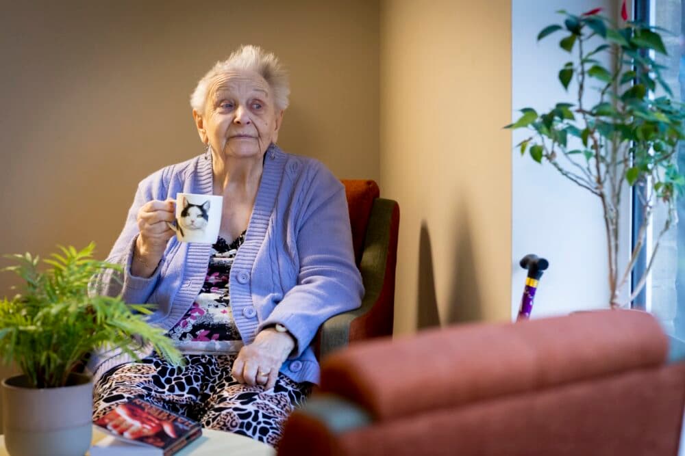 Elderly woman in a lavender cardigan holding a cat mug, sitting by plants and books in a cosy room. - Home Instead