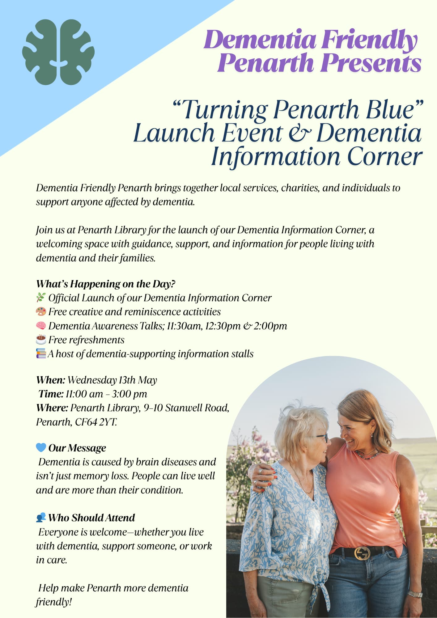 Flyer for "Dementia Friendly Penarth" event with text details and a teal dementia symbol at the top left-hand corner. - Home Instead