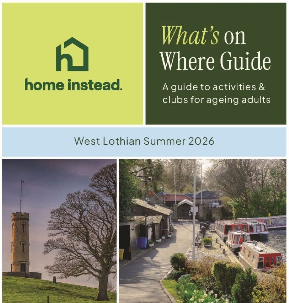 Home Instead guide cover with town scenes, canal boats, and text for West Lothian Summer 2026 activities. - Home Instead
