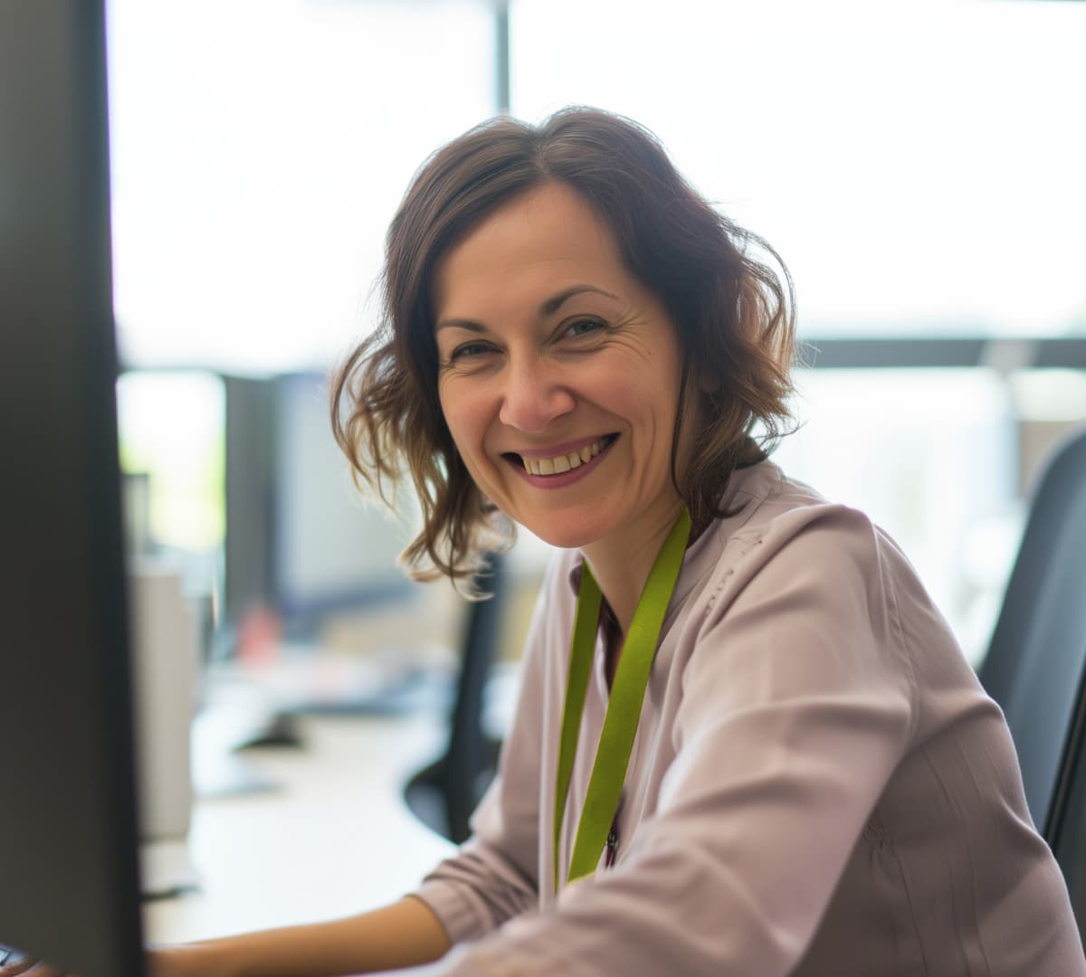 A woman with short curly hair sitting on her desk inside the office