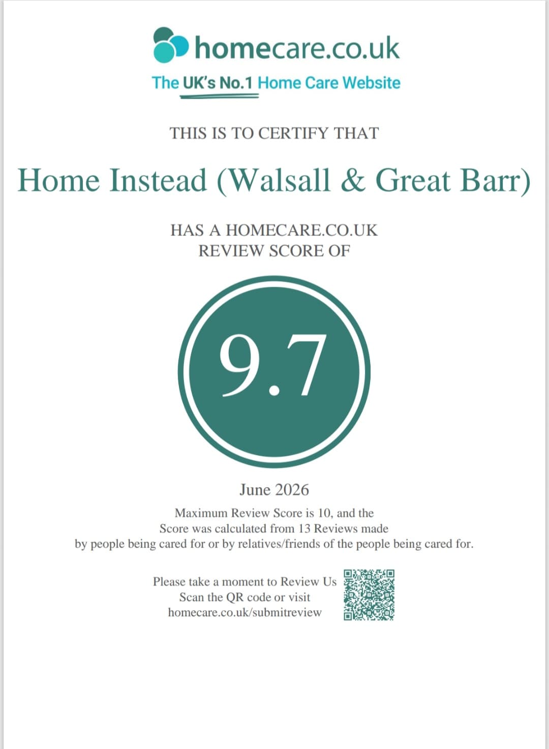 Certificate showing Home Instead (Walsall & Great Barr) received a 9.7 review score from homecare.co.uk in June 2026. - Home Instead