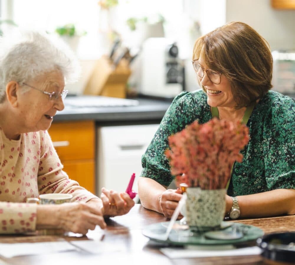 Two women sit at a kitchen table, smiling and talking together, with a potted plant in the foreground. - Home Instead