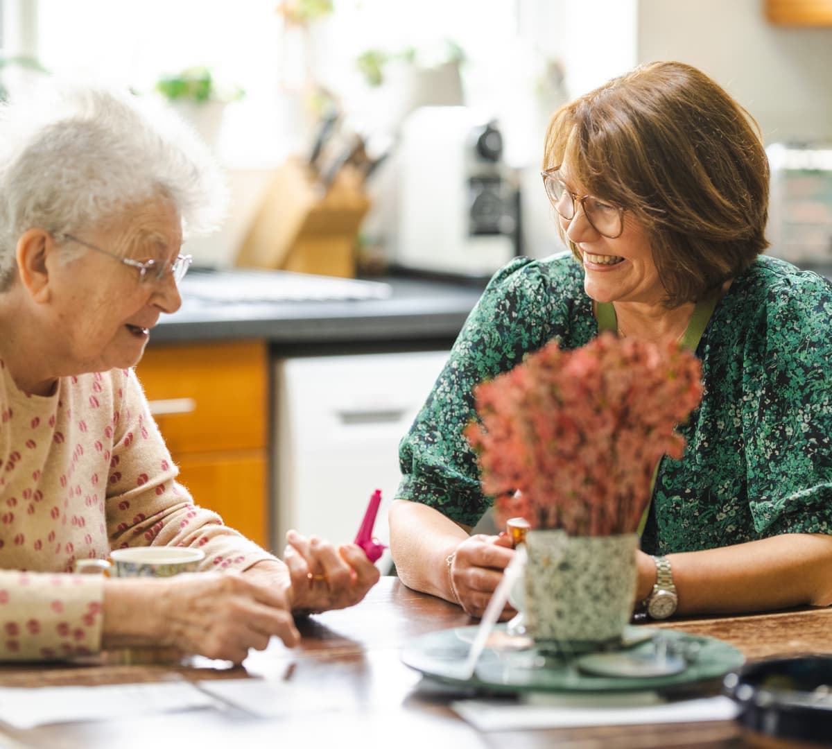 Two women sit at a kitchen table, smiling and talking together, with a potted plant in the foreground. - Home Instead