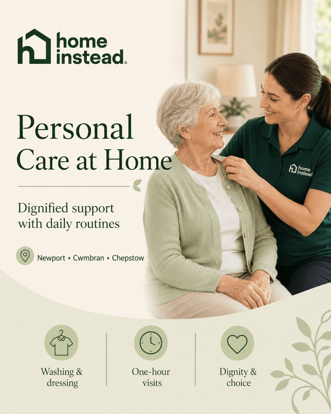 Home Instead Care Professional helping an older woman with her cardigan at home, promoting dignified personal care in Newport, Cwmbran and Chepstow.