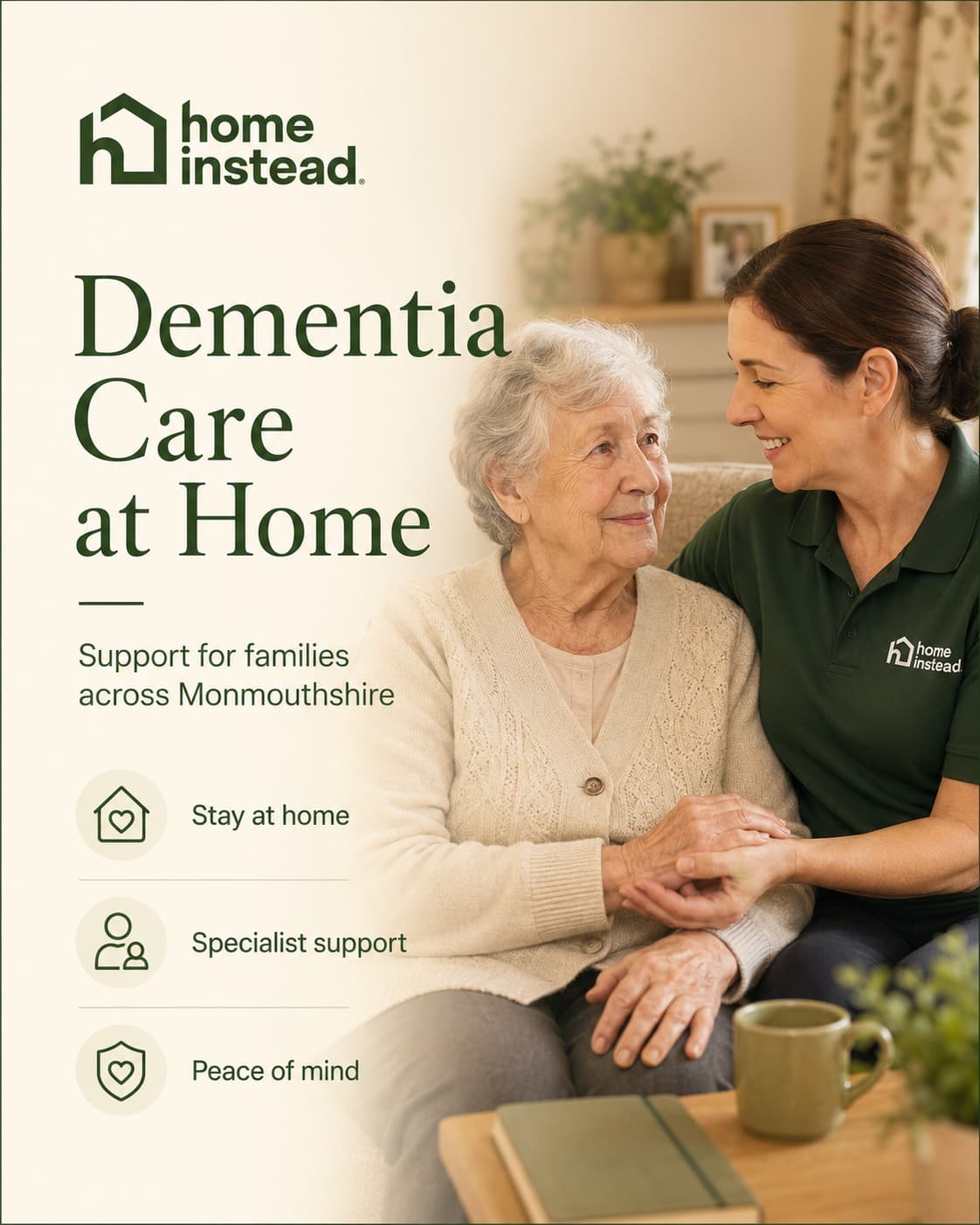 A carer comforts an elderly woman at home with "Dementia Care at Home" text and support icons displayed. - Home Instead