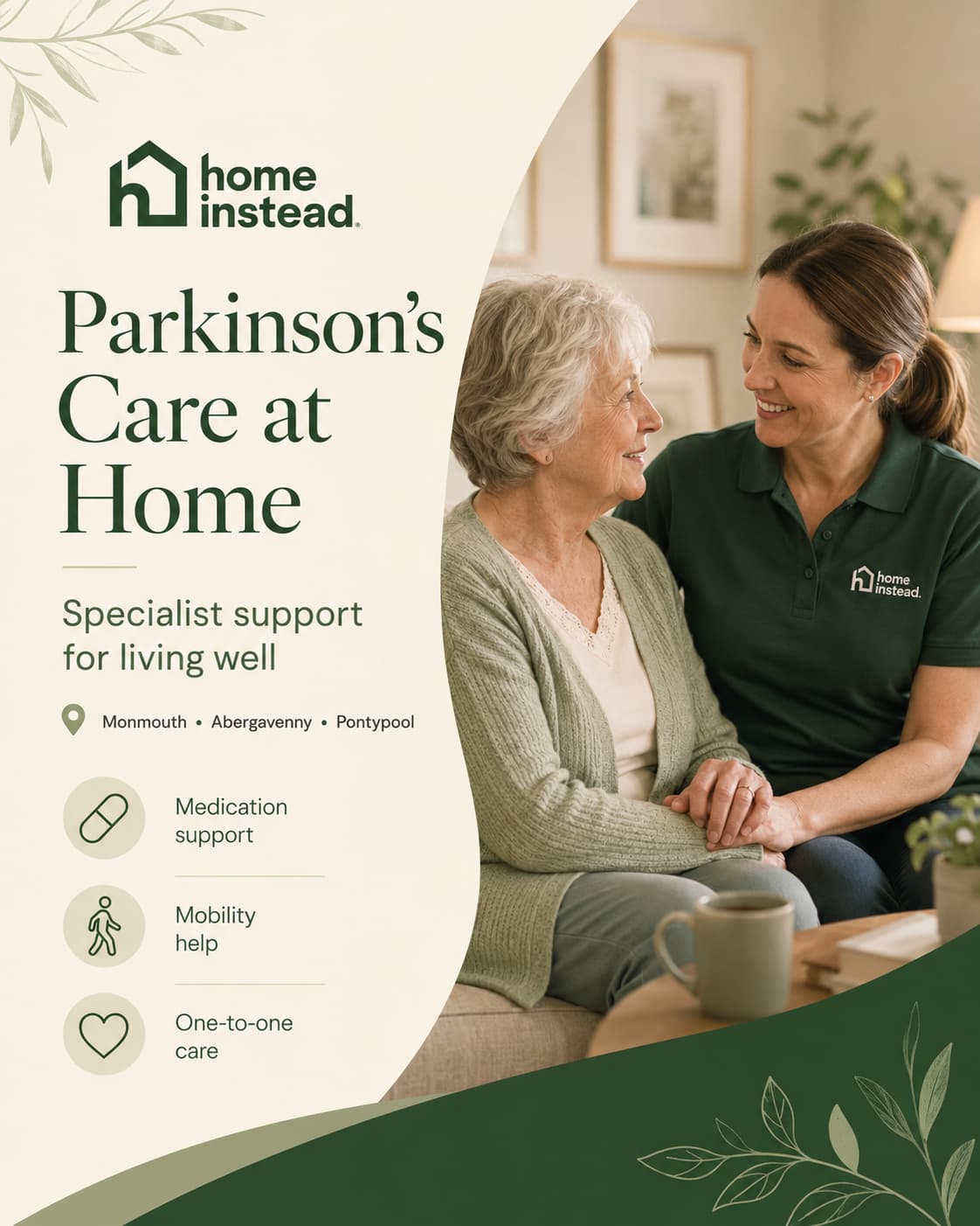 Home Instead Care Professional supporting an older woman at home, promoting specialist Parkinson’s care across Monmouth, Abergavenny and Pontypool.