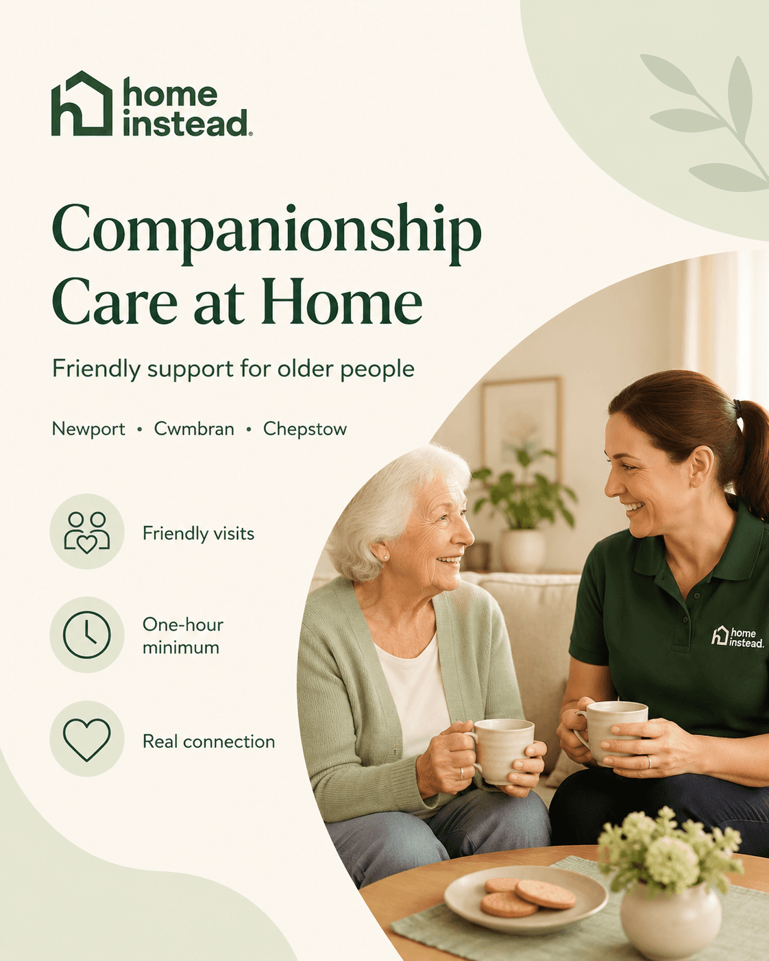 Two women smiling and drinking tea on a sofa, promoting companionship care at home for older people. - Home Instead